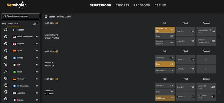 An image of three-way money line bets on soccer from BetWhale, a leading site on which to place a moneyline bet.